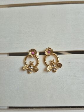 Avon Bee Drop Earrings with Pink Stone Accent